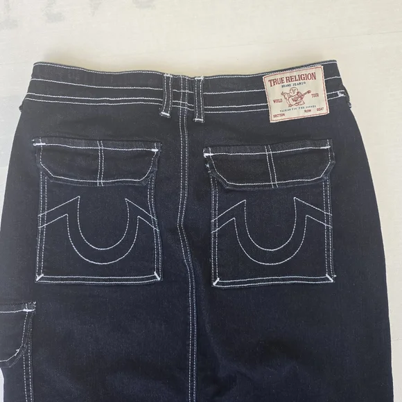 True Religion Black Denim Contrast Stitch Maxi Skirt | Cargo Pocket | Size 27 - Picture 5 of 14